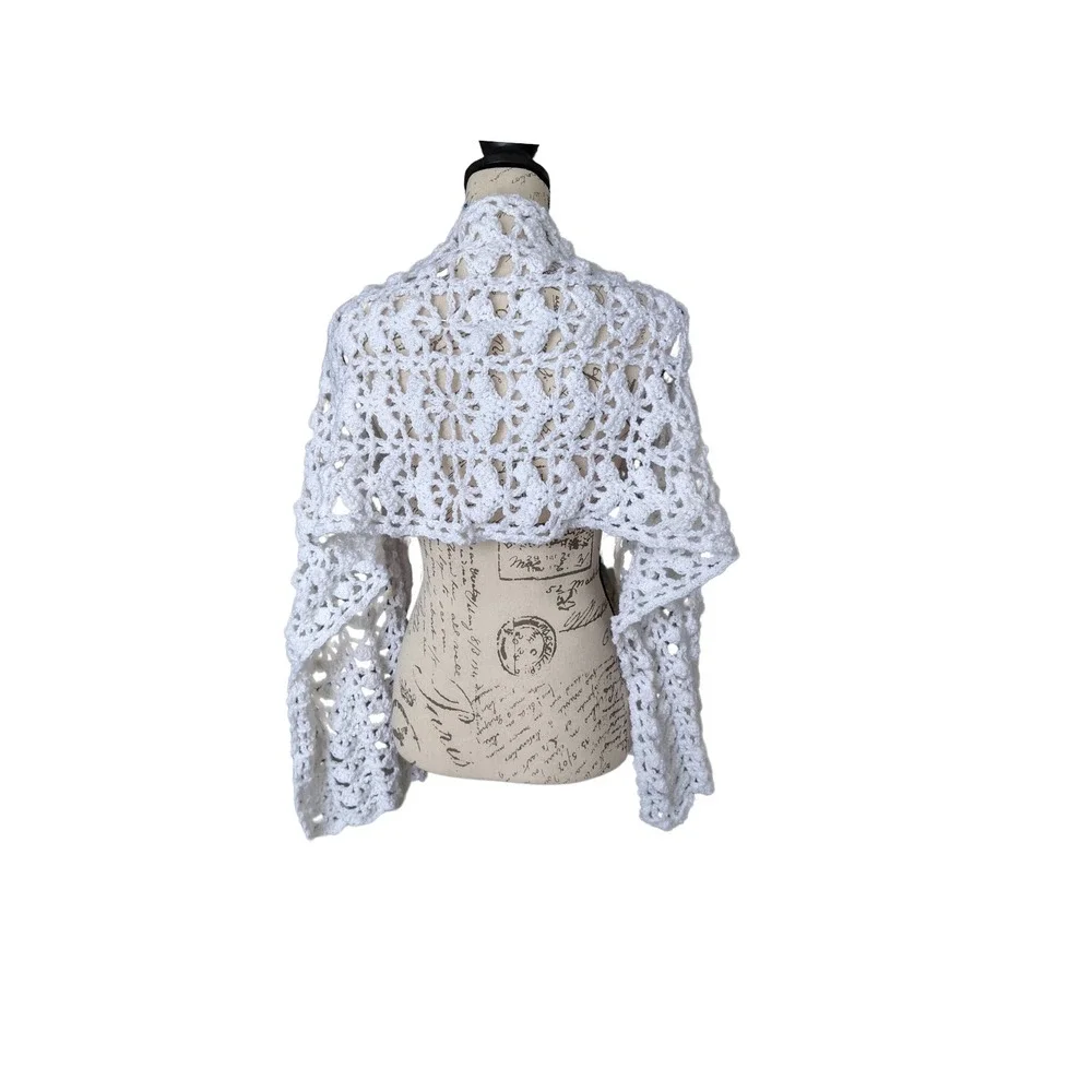 Vintage Style White Crochet Shawl Shrug Wrap Floral Medallion Boho Coquette‎